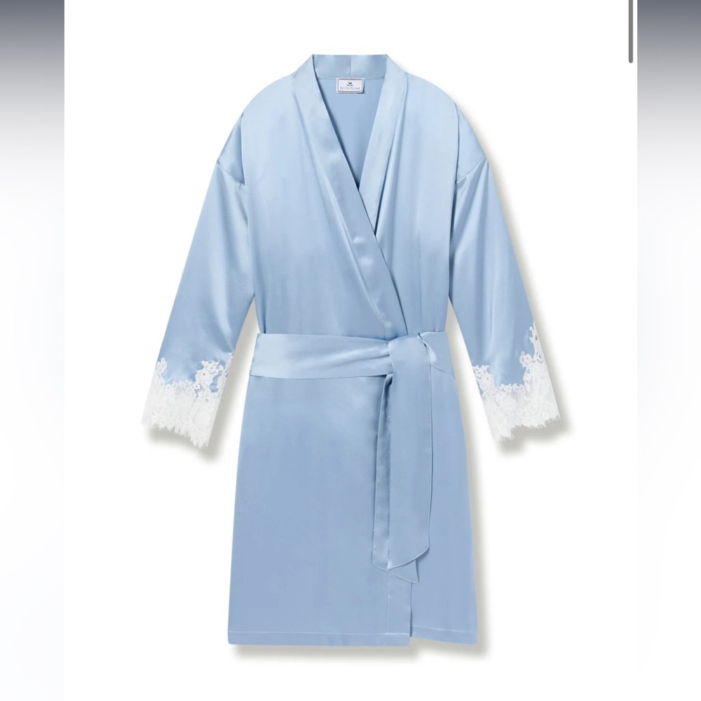 Luxurious Sky Blue Satin Robe with Lace Accents